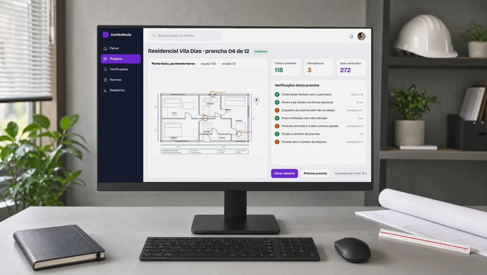 A tela de conferência automática de um projeto de engenharia num monitor
